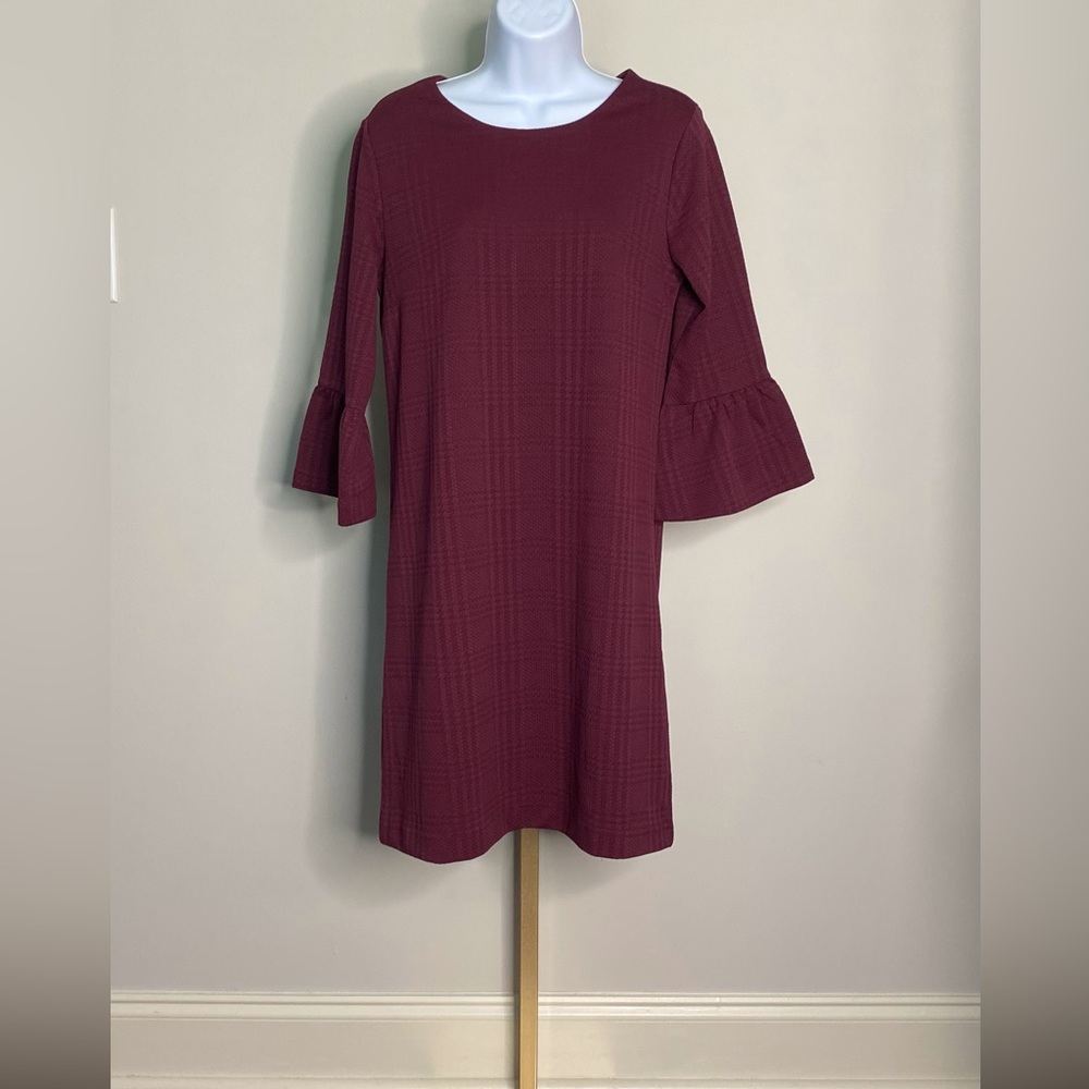 NWT BANANA REPUBLIC PLAID BELL SLEEVE STRETCH SHIFT DRESS - SMALL BURGUNDY